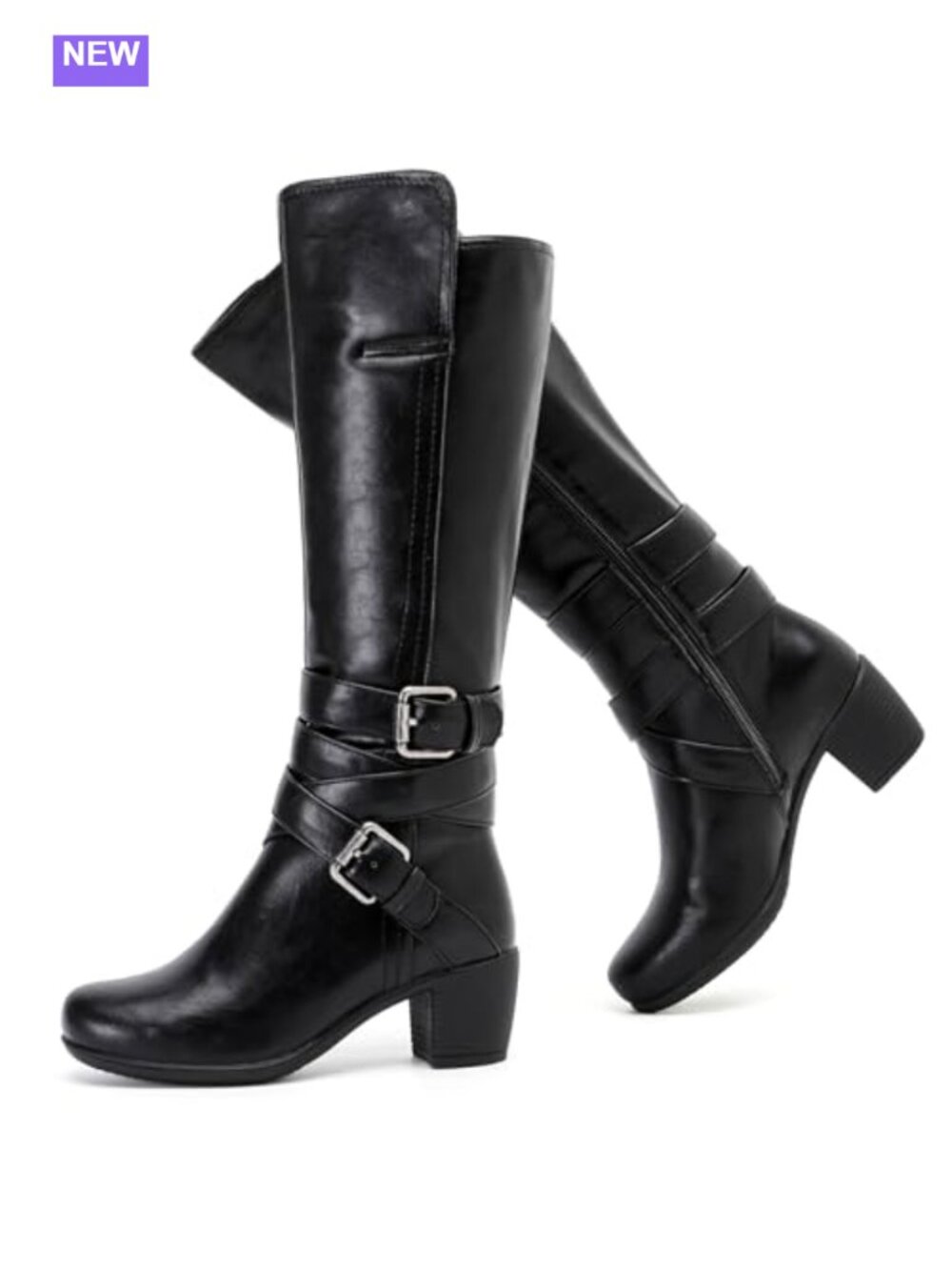 Faux Leather Knee High Heeled Boots Pointed Toe Block Heel